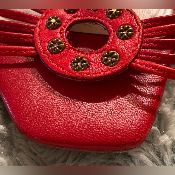 DIOR strappy Red Sandals with Grommet Detail and Gold Embossed Buckle - Picture 12 of 16